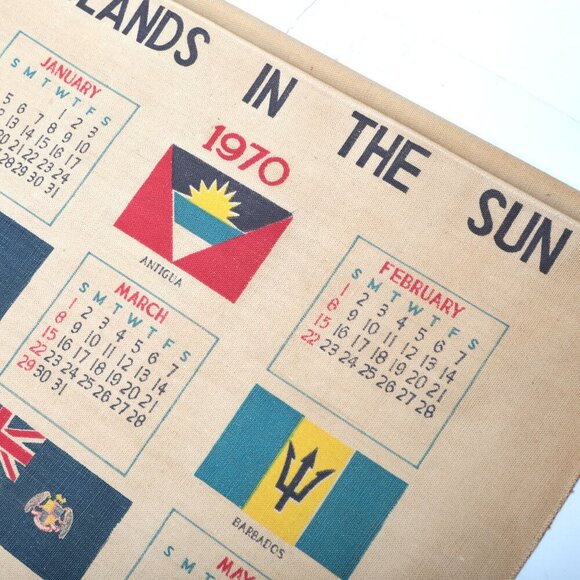 Vintage Caribbean Lands of the Sun Scroll 1970 Calendar Fabric Wall Decor Retro - Picture 4 of 8